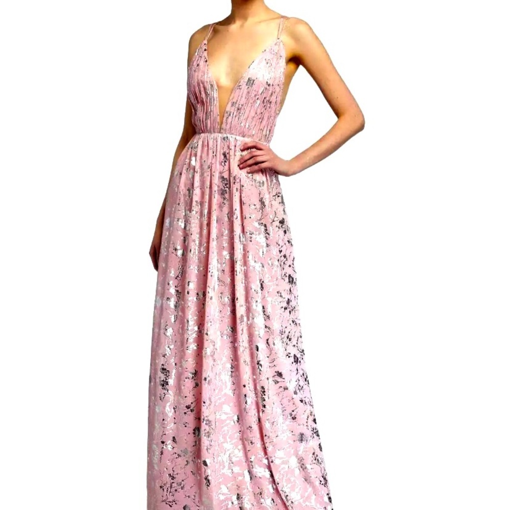 Love by Theia Pink Foil Print Low Back Maxi with Plunging Neckline